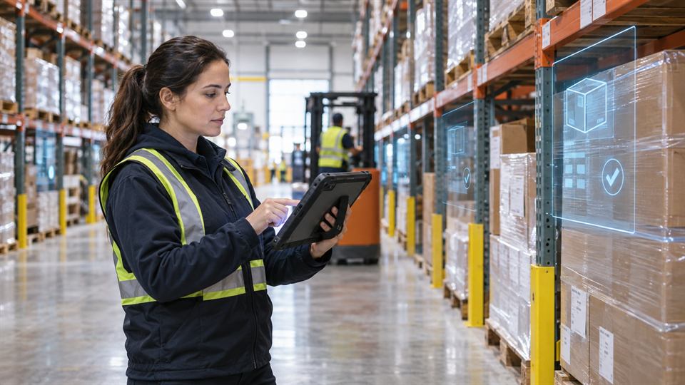 Warehouse specialist counting inventory with a mobile tablet