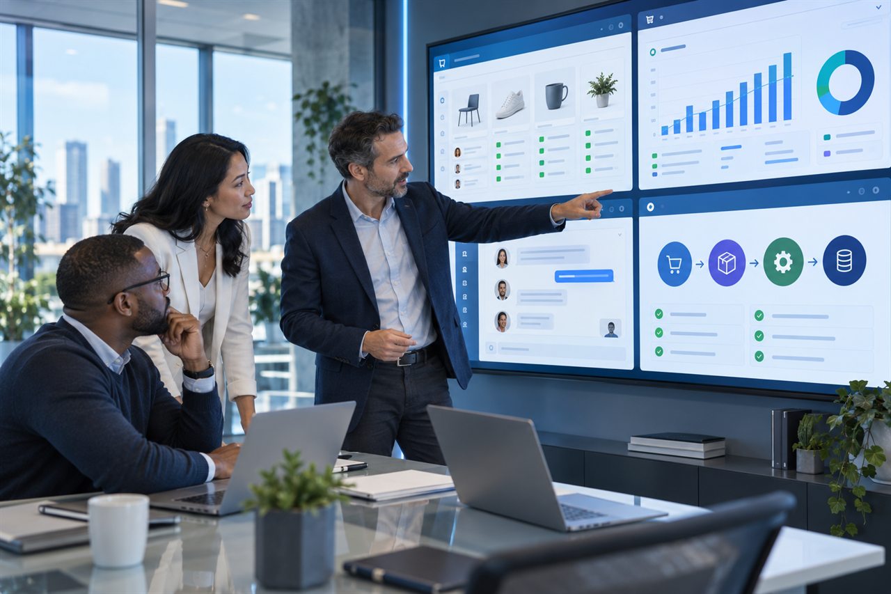 Business and technology specialists reviewing connected commerce, financial analytics, customer service and operational workflows