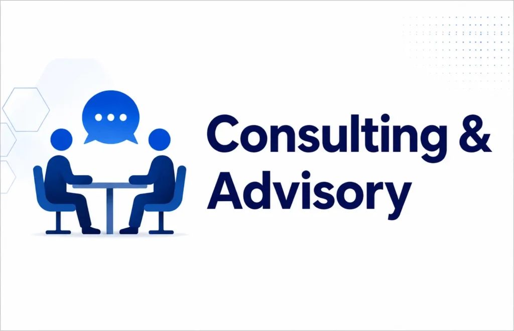 Two people sitting at a table in discussion with a speech bubble above them next to the text “Consulting & Advisory.”