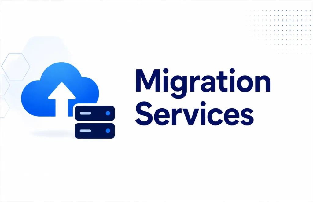 Blue cloud upload icon with server stack next to the text “Migration Services” on a clean white background.
