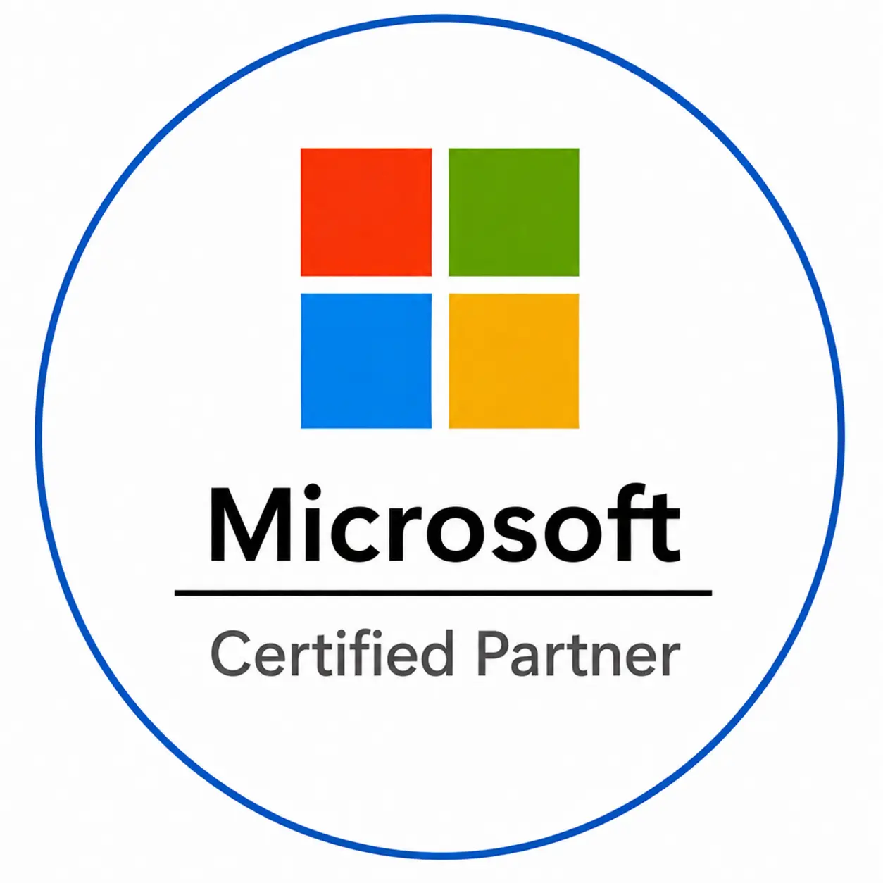 Microsoft Certified Partner logo with the Microsoft four-color square icon and “Certified Partner” text inside a blue circular border.