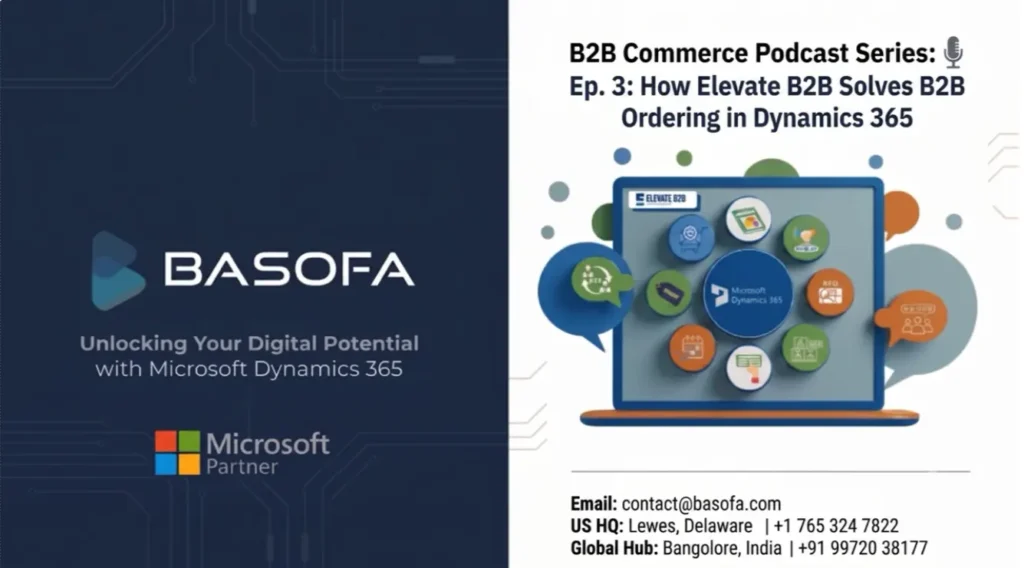 BASOFA promotional graphic for B2B Commerce Podcast Series Episode 3 on how Elevate B2B improves B2B ordering in Microsoft Dynamics 365, featuring Microsoft Partner branding and contact information.