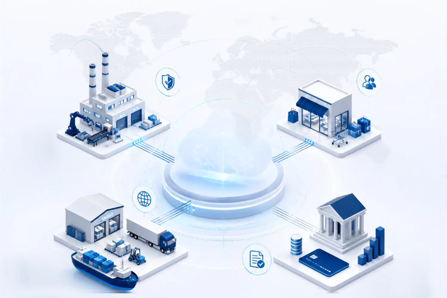 A warehouse and operations-themed promotional graphic featuring a laptop displaying a Microsoft Dynamics 365 Finance & Supply Chain Management dashboard. The dashboard shows financial performance, inventory tracking, order fulfillment, and compliance metrics. Surrounding objects include a blue hard hat, industrial gear, bolts, and a branded coffee mug, with warehouse shelves and an operations center in the background.