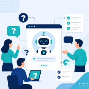 Illustration of people interacting with an AI chatbot through a digital interface.