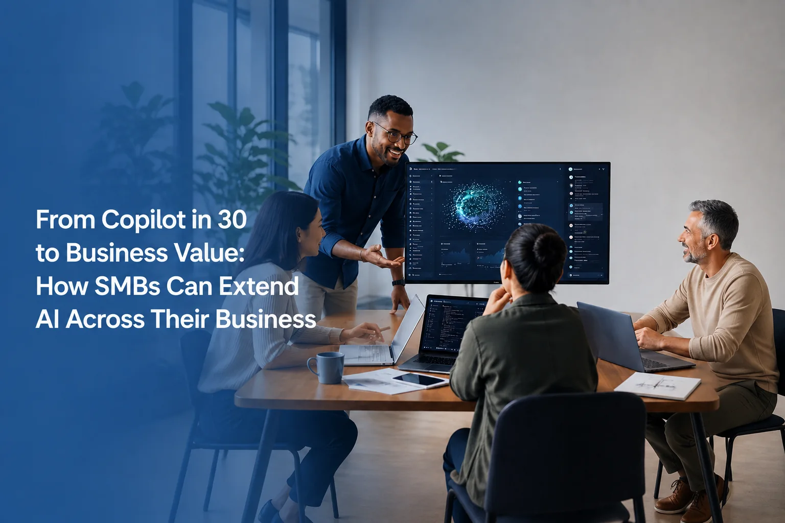Business team collaborating in an office with a blue overlay and AI-focused presentation.